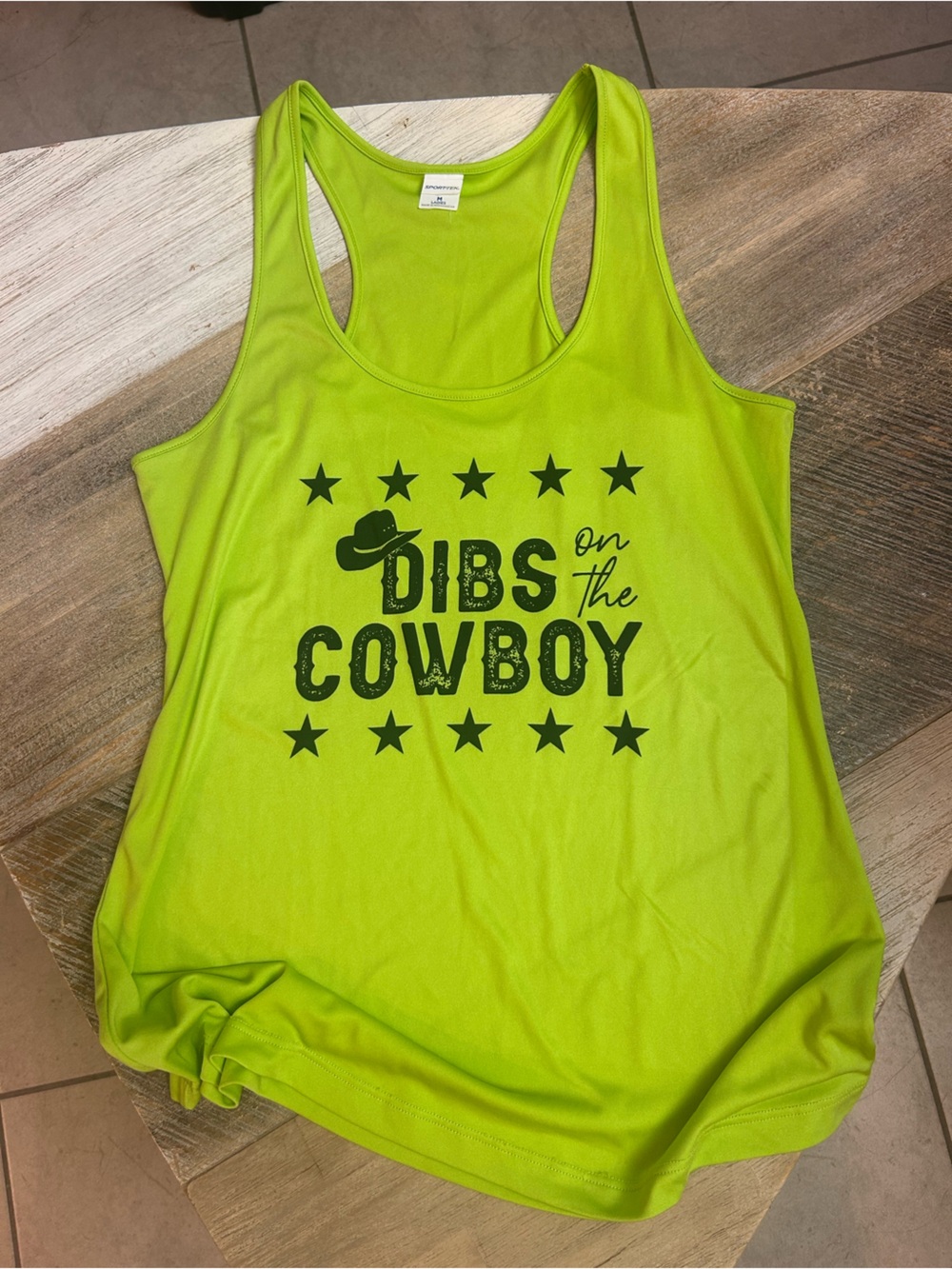 Sport-Tek Lime Green Graphic Racerback Tank - "Dibs On The Cowboy"
